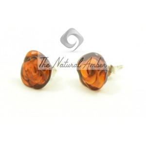 Cognac Polished Amber Rose Stud Earrings with Sterling Silver 925