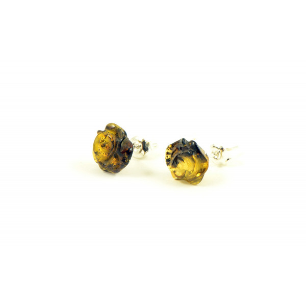 Green Polished Amber Rose Stud Earrings with Sterling Silver 925