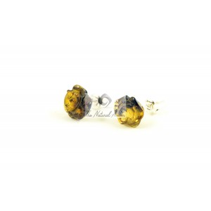 Green Polished Amber Rose Stud Earrings with Sterling Silver 925