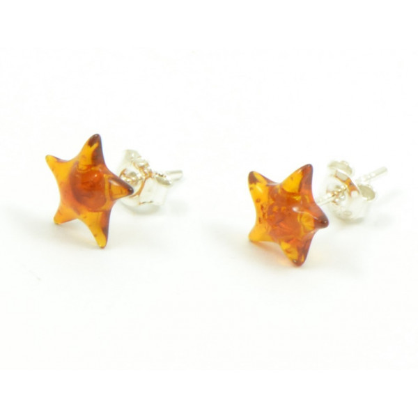 Cognac Star Amber Stud Earrings with Sterling Silver 925