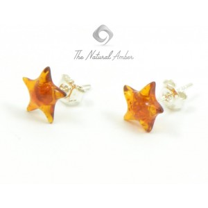 Cognac Star Amber Stud Earrings with Sterling Silver 925