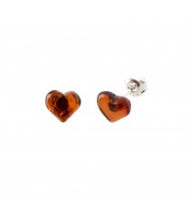 Cognac Polished Amber Heart Stud Earrings with Sterling Silver 925