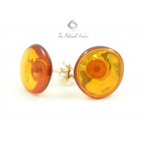 Cognac Round Amber Stud Earrings with Sterling Silver 925