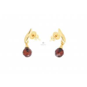 Cherry Faceted Amber Drop Earrings with Gold Plated Silver