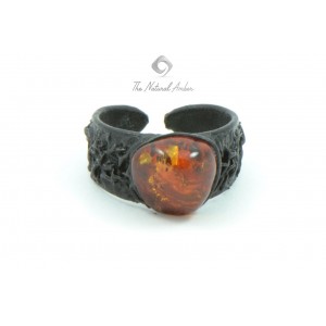 Cognac Amber Ring with Leather