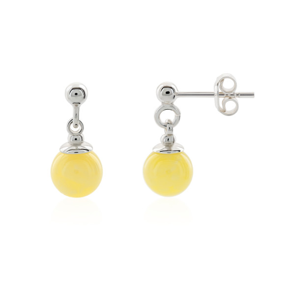 Milky / Butter Round Amber Drop Earrings with Sterling Silver 925