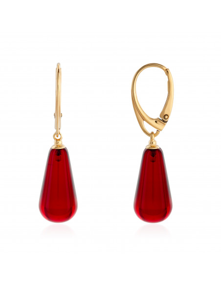 Red Amber Drop Earrings with Gold Plated Silver Clasps