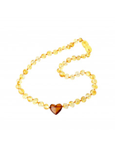 Lemon Baroque Polished Amber Beads Necklace for Child with Cognac Amber Heart Pendant