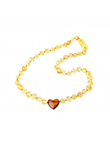 Lemon Baroque Polished Amber Beads Necklace for Child with Cognac Amber Heart Pendant