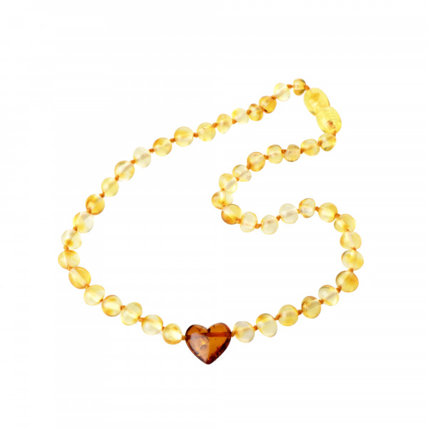 Lemon Baroque Polished Amber Beads Necklace for Child with Cognac Amber Heart Pendant