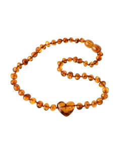Cognac Baroque Polished Amber Beads Necklace for Child with Heart Pendant