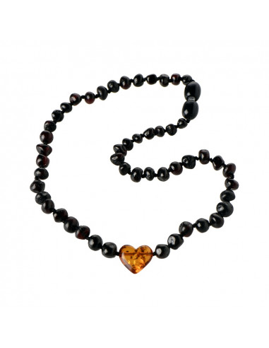 Cherry Baroque Polished Amber Beads Necklace for Child with Cognac Amber Heart Pendant