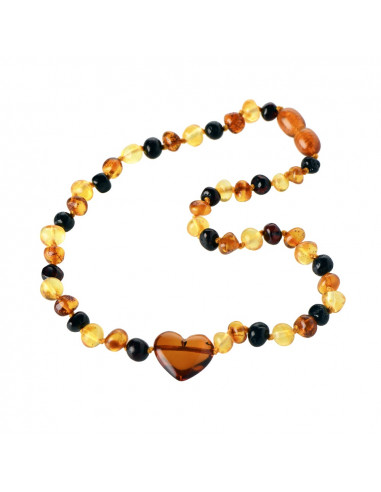 Multi Color  Baroque Polished Amber Beads  Necklace for Child with Cognac Amber Heart Pendant
