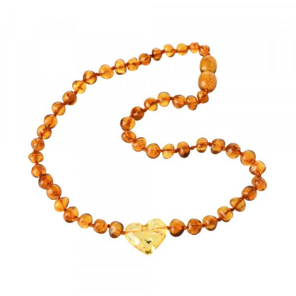 Cognac Baroque Polished Amber Beads Necklace for Child with Lemon Amber Heart Pendant