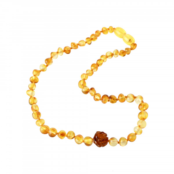 Lemon Baroque Polished Amber Beads Necklace for Child with Cognac Amber Rose Pendant