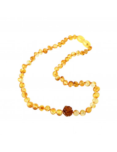 Lemon Baroque Polished Amber Beads Necklace for Child with Cognac Amber Rose Pendant