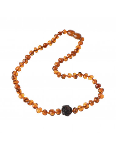 Necklace for Child made from Cognac Baroque Polished Amber Beads with Cherry Rose Pendant