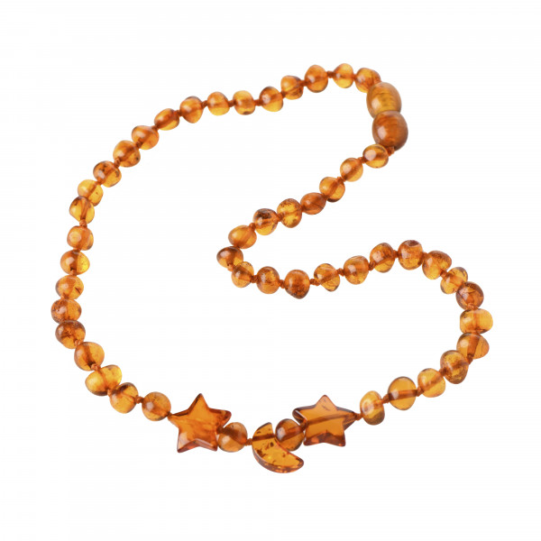 Cognac Baroque Polished Amber Beads Necklace for Child with Stars And Moon Pendant