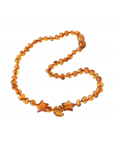 Cognac Baroque Polished Amber Beads Necklace for Child with Stars And Moon Pendant