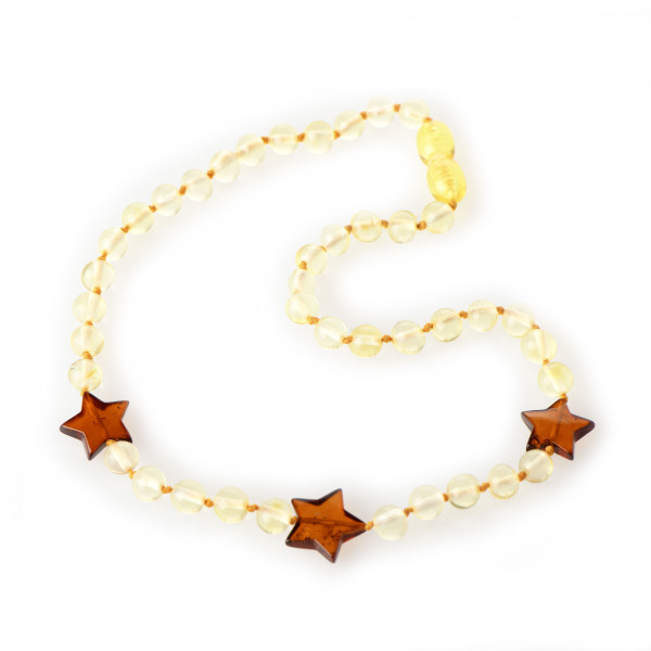 Lemon Baroque Polished Amber Beads Necklace for Child with Cognac Stars Pendants