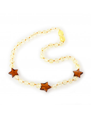 Lemon Baroque Polished Amber Beads Necklace for Child with Cognac Stars Pendants