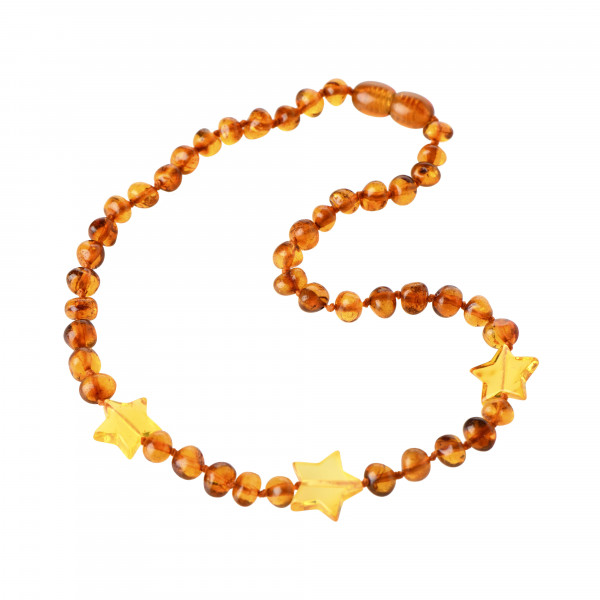 Cognac Baroque Polished Amber Beads Necklace for Child with Lemon Star Pendants