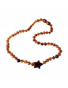 Cognac Baroque Polished Amber Beads Necklace for Child with Dark Cognac Star Pendant