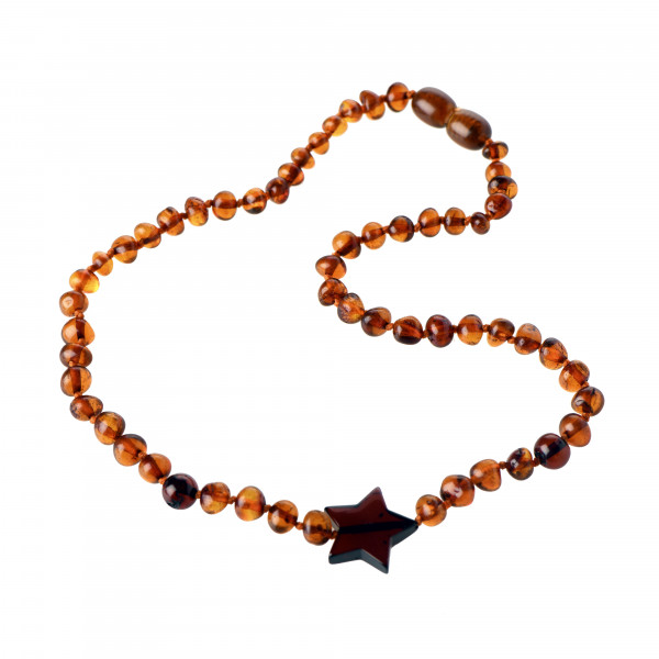 Cognac Baroque Polished Amber Beads Necklace for Child with Dark Cognac Star Pendant