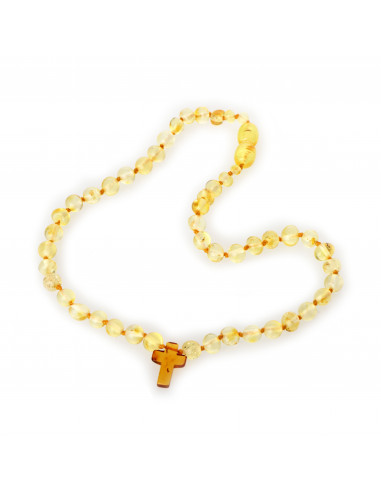 Lemon Baroque Polished Amber Beads Necklace for Child with Cognac Cross Pendant