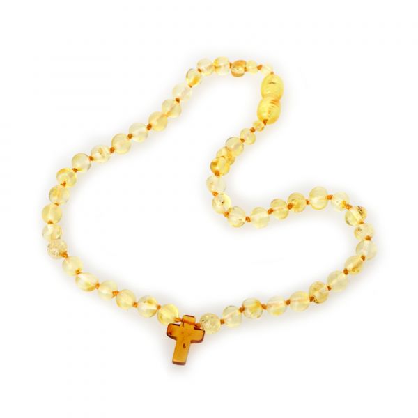 Lemon Baroque Polished Amber Beads Necklace for Child with Cognac Cross Pendant