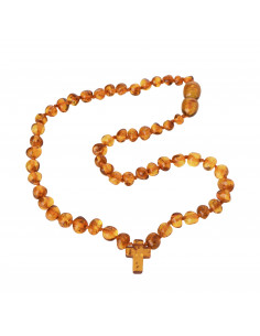 Cognac Baroque Polished Amber Beads Necklace for Child with Cross Pendant