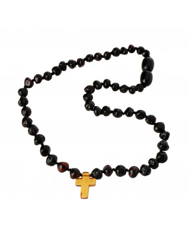 Cherry Baroque Polished Amber Beads Necklace for Child with Cognac Cross Pendant