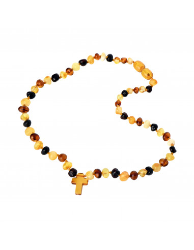Multi Color Baroque Polished Amber Beads  Necklace for Child with Cross Pendant
