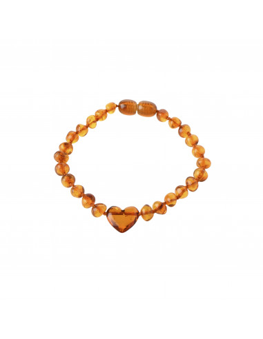 Cognac Baroque Polished Amber Bead  Bracelet for Baby with Heart Pendant