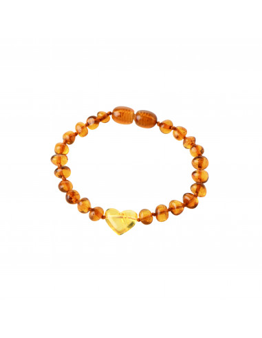 Cognac Baroque Polished Amber Bead Bracelet for Baby  with Lemon Heart Pendant