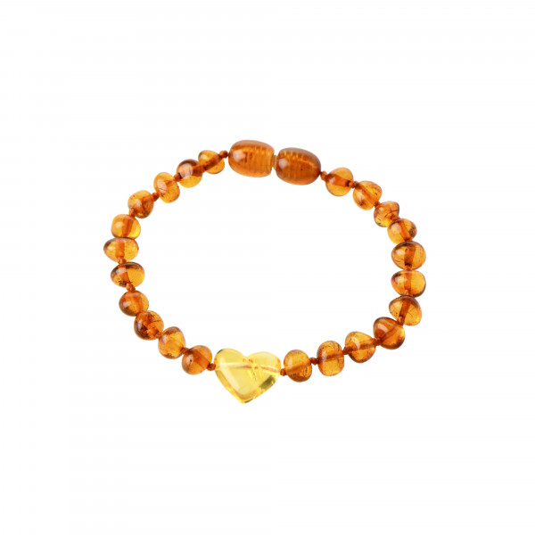 Cognac Baroque Polished Amber Bead Bracelet for Baby  with Lemon Heart Pendant