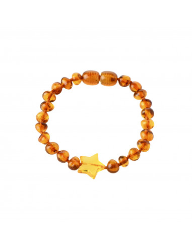 Cognac Baroque Polished Amber Bead Baby Bracelet with Lemon Star Pendant