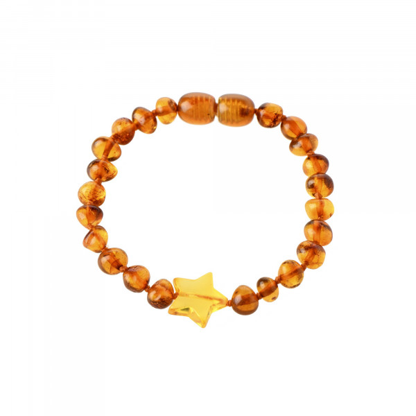 Cognac Baroque Polished Amber Bead Baby Bracelet with Lemon Star Pendant