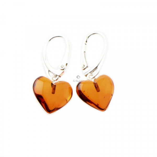 Cognac Baltic Amber Heart Drop Earrings with Silver Clasps