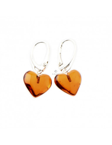 Cognac Baltic Amber Heart Drop Earrings with Silver Clasps