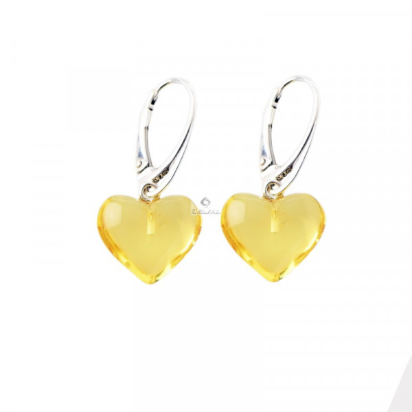 Lemon Baltic Amber Heart Drop Earrings with Silver Clasps