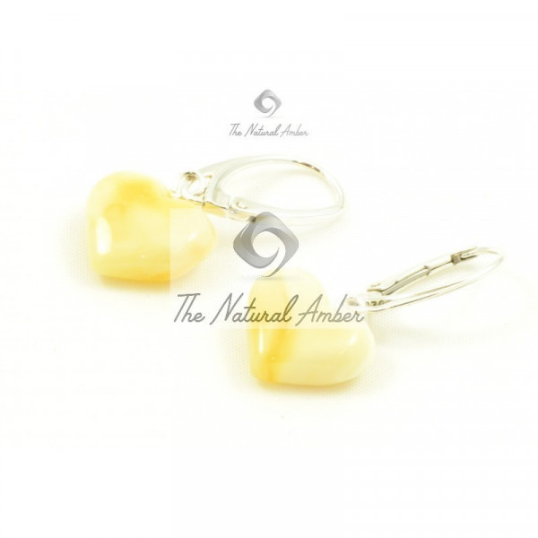 Milky Baltic Amber Heart Drop Earrings with Silver Clasps