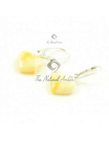 Milky Baltic Amber Heart Drop Earrings with Silver Clasps