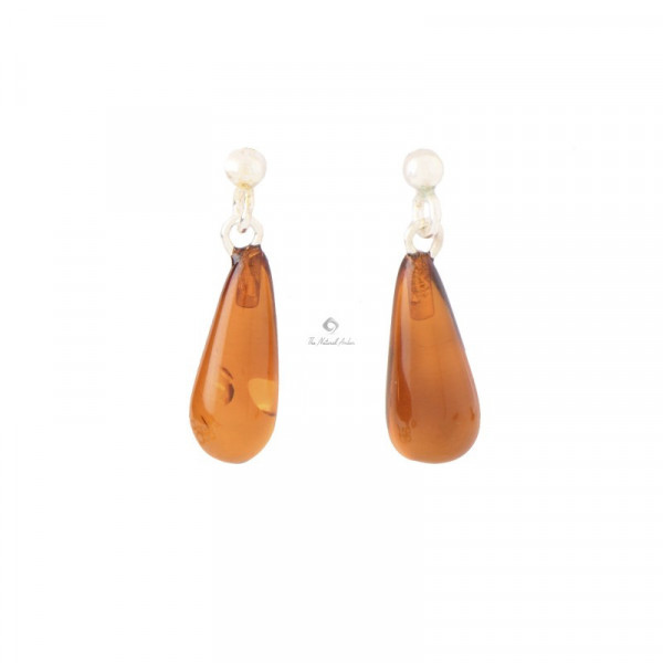 Cognac Baltic Amber Drop Earrings with Silver Clasps