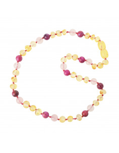 Lemon Baroque Polished Amber Pink Agate and Rose Quartz Necklace for Child