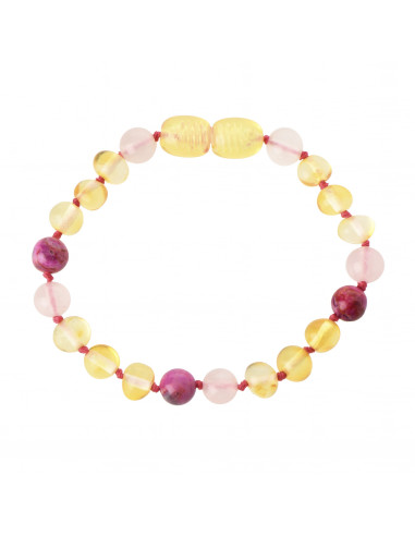 Lemon Baroque Baltic Amber Pink Agate and Rose Quartz Bracelet for Child