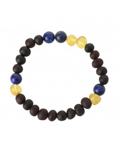 Cherry & Lemon Baroque Raw Amber with Lapis Lazuli Beads Bracelet for Adult