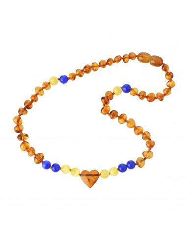 Cognac Baroque Polished Amber & Blue and Yellow Cat Eye Necklace for Child