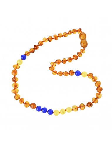 Cognac Baroque Polished Amber & Blue and Yellow Cat Eye Necklace for Child