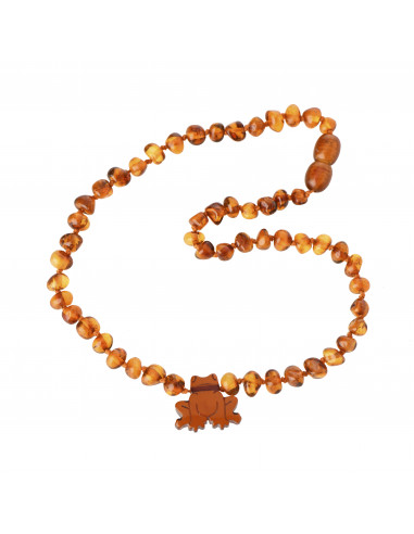 Cognac Baroque Polished Amber Beads Necklace for Child with Frog Pendant